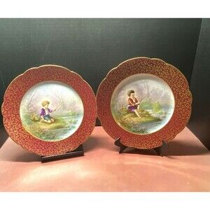 D & Co. Limoges France Boys Fishing Red Gold Floral Trim Decorative Plates Vtg
